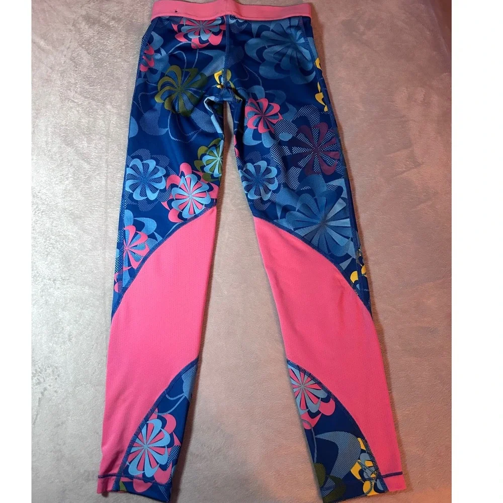Nike Pro Dri-FIT Girls Medium Blue Pink Floral Athletic Leggings med girls